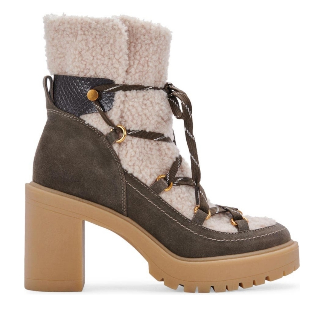 Dolce Vita Celtic Olive Suede Leather Faux Shearling Heeled Boot Designer #561